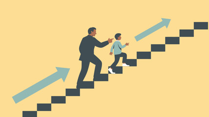 A father guiding his son up a staircase with upward pointing arrows on a yellow background illustration