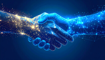 Digital handshake with plexus network connection shows futuristic business agreement. concept of partnership, collaboration, and trust