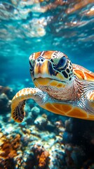 Fototapeta premium Striking underwater photo of a magnificent sea turtle swimming near the coral reef