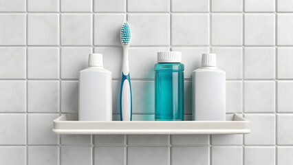 Pediatric dental care education awareness and oral health knowledge concept. minimalist bathroom shelf toothbrush.