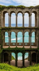 Abandoned Building with Arches Overlooking the Ocean.