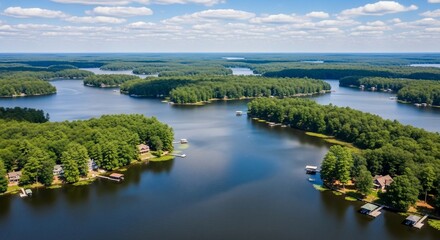 Fototapeta premium Aerial view of a serene lake surrounded by lush green trees on a sunny day.