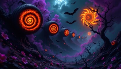 surreal abstract artwork with glowing orange spirals casting elongated black shadows, purple haze drifting, subtle green highlights, spooky mysterious halloween atmosphere.
