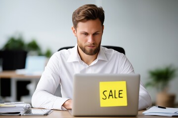 Focused office employee browsing online shopping deals on laptop with SALE note visible. Professional workspace concept showing digital consumer behavior and ecommerce lifestyle