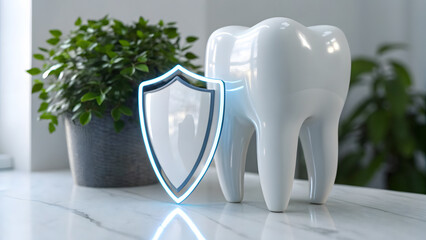 Pediatric dental care education awareness and oral health knowledge concept. tooth surrounded by shield icon cavity prevention.
