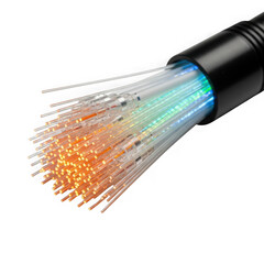 Bundle of illuminated fiber optic strands isolated on transparent background