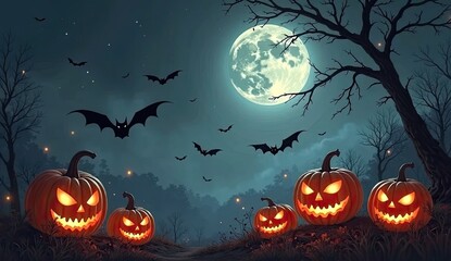 Halloween night scene with carved pumpkins bats and a full moon casting an eerie glow on the landscape