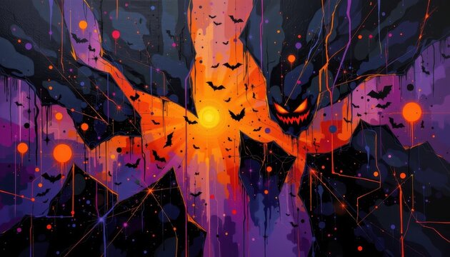 abstract painting with fragmented black shards, glowing orange highlights, smoky purple gradients casting shadows, faint green glimmers enhancing mysterious halloween vibe.