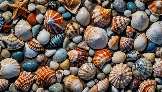 Mesmerizing collection of unique seashells and smooth pebbles on a beach, realistic AI generated rendering.

