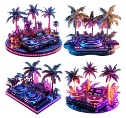 Vibrant DJ Setup with Neon Lights and Lush Tropical Palms at Night