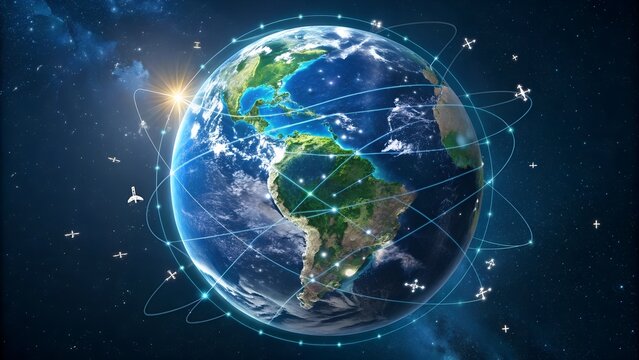  High Tech Earth Global Network With Satellite Connections.