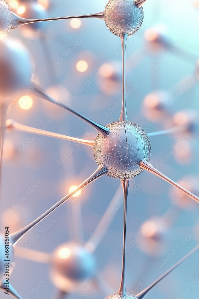 Poster complex molecule structure with interconnected metallic spheres, illustrating advanced material scie