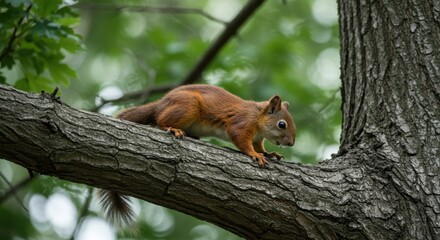 Red Squirrel on Tree Branch in Green Forest