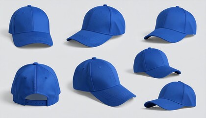 A photorealistic collection of a blank royal blue baseball cap displayed from multiple angles in a clean studio setting for mockup designs