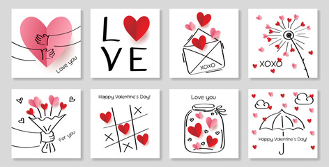 Set of template greeting handmade card for lovers. Happy Valentine's Day. Paper 3D hearts, hand drawn doodle elements. Vector illustration.