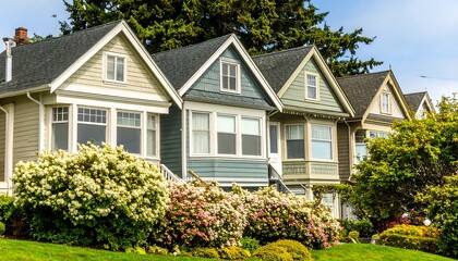 Row of colorful houses with lush greenery