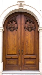 Fototapeta premium Ornate wooden double doors in an arched doorway