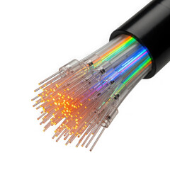 Closeup of a bundle of fiber optic cables with colorful light strands isolated on transparent background