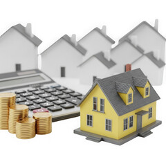 Real estate concept with a yellow house model, coins, and calculator isolated on transparent background