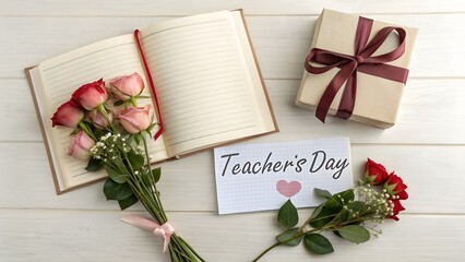 Teacher s day gift with roses and open book on white wooden background