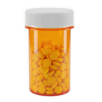Orange prescription pill bottle filled with yellow tablets isolated on transparent background