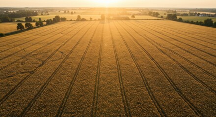 Fototapeta premium Aerial View of Golden Wheat Field at Sunset
