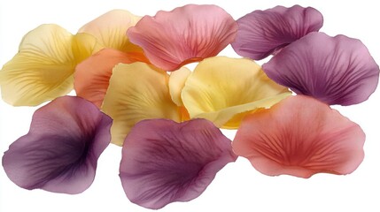 Assorted artificial flower petals, various colors, isolated background, for crafting or decoration