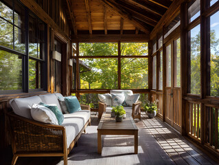 Fototapeta premium Rustic Wooden Sunroom with White Cushions and Green View