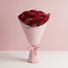 Elegant bouquet of red roses wrapped in pink paper.