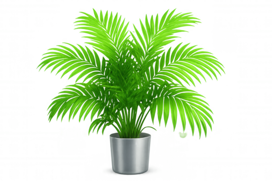 Parlor palm with lush green fronds growing in sleek metallic container, showcasing minimalist botanical decor against clean white backdrop