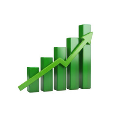 Green bar chart rising with arrow showing positive growth and success transparent background