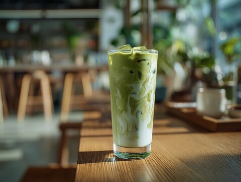 Iced matcha latte drink photography on a wooden table in a bright coffee shop