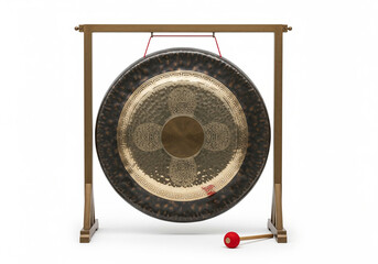A majestic traditional bronze percussion gong hanging from a wooden stand with a mallet, isolated on a white background for musical concepts
