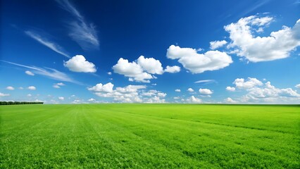Naklejka premium Vast green meadow under a bright blue sky with fluffy white clouds and wispy streaks