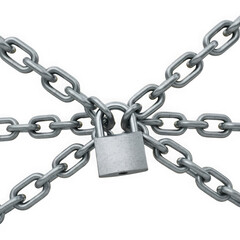 Fototapeta premium Metal chains crisscrossed and secured with a padlock isolated on transparent background