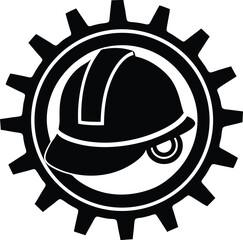 Industrial hard hat icon resting on interlocking gears illustration