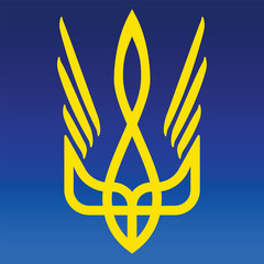 Golden Trident with Wings. Elegant golden Ukrainian trident symbol with stylized wings on blue background representing freedom spirit independence and hope