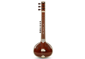 Authentic Indian sitar, a traditional plucked string instrument for classical music, isolated on a clean white background