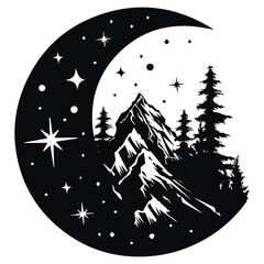 Moonlit Mountain Forest. Circular illustration of mountain landscape with crescent moon stars and pine forest in mystical night design. perfect for tattoos, print or outdoor artwork