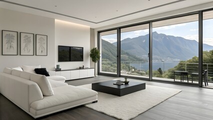  Luxurious Minimalist Living Room Featuring Soft White and Black Furnishings with Scenic Mountain View.