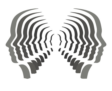 Optical Illusion Faces. Creative optical illusion artwork showing repeating human head silhouettes in grayscale converging toward center symbolizing thought unity and perception