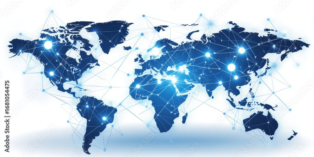 Poster blue digital world map with connected nodes and lines on white background global network