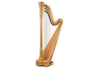Side profile of a beautiful wooden concert pedal harp, an elegant stringed instrument for classical orchestra and melodic harmony