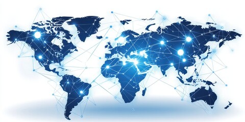 Blue Digital World Map with Connected Nodes and Lines on White Background global network