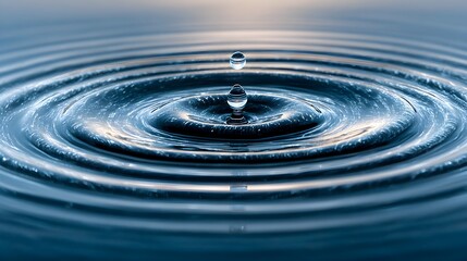A clear water drop falls creating symmetrical ripples in a calming aquatic and reflective surface scene.