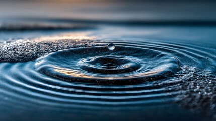 Droplet impacting surface creates ripples in blue water with sandy beach and horizon in the background.