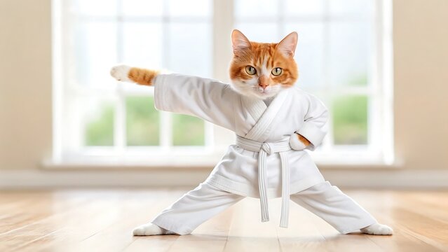 Orange tabby cat wearing a white karate gi and performing a martial arts stance