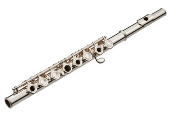 A beautiful silver concert flute, a classical woodwind instrument for orchestral music, isolated on a pure white background