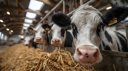 Cows with black and white markings look curiously over the fence in the shelter of their large barn home.