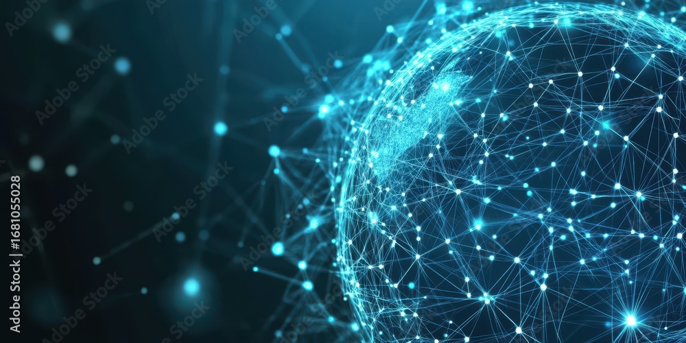 Poster close-up of a glowing blue digital sphere with interconnected nodes and lines globe network